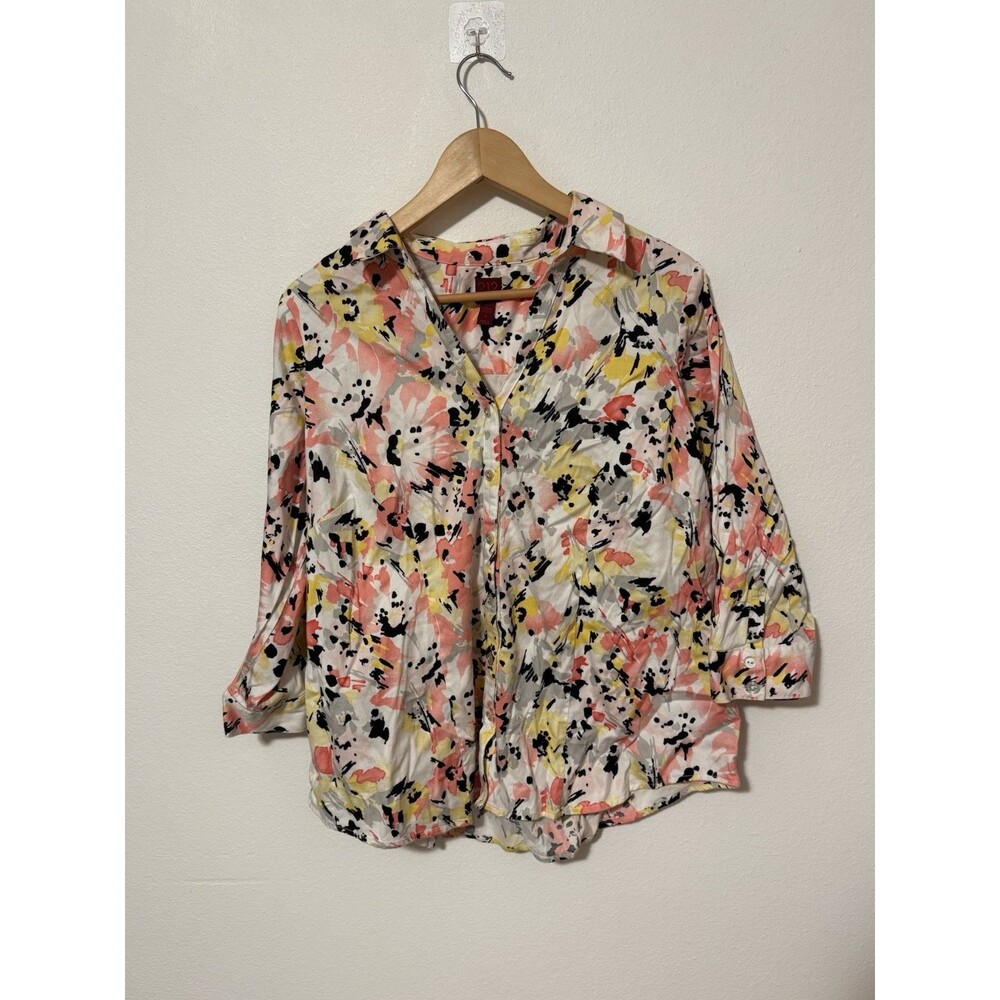 212 Woman Stretch Floral Button Up Shirt 1X Pink Yellow Abstract 3/4 Sleeve Work